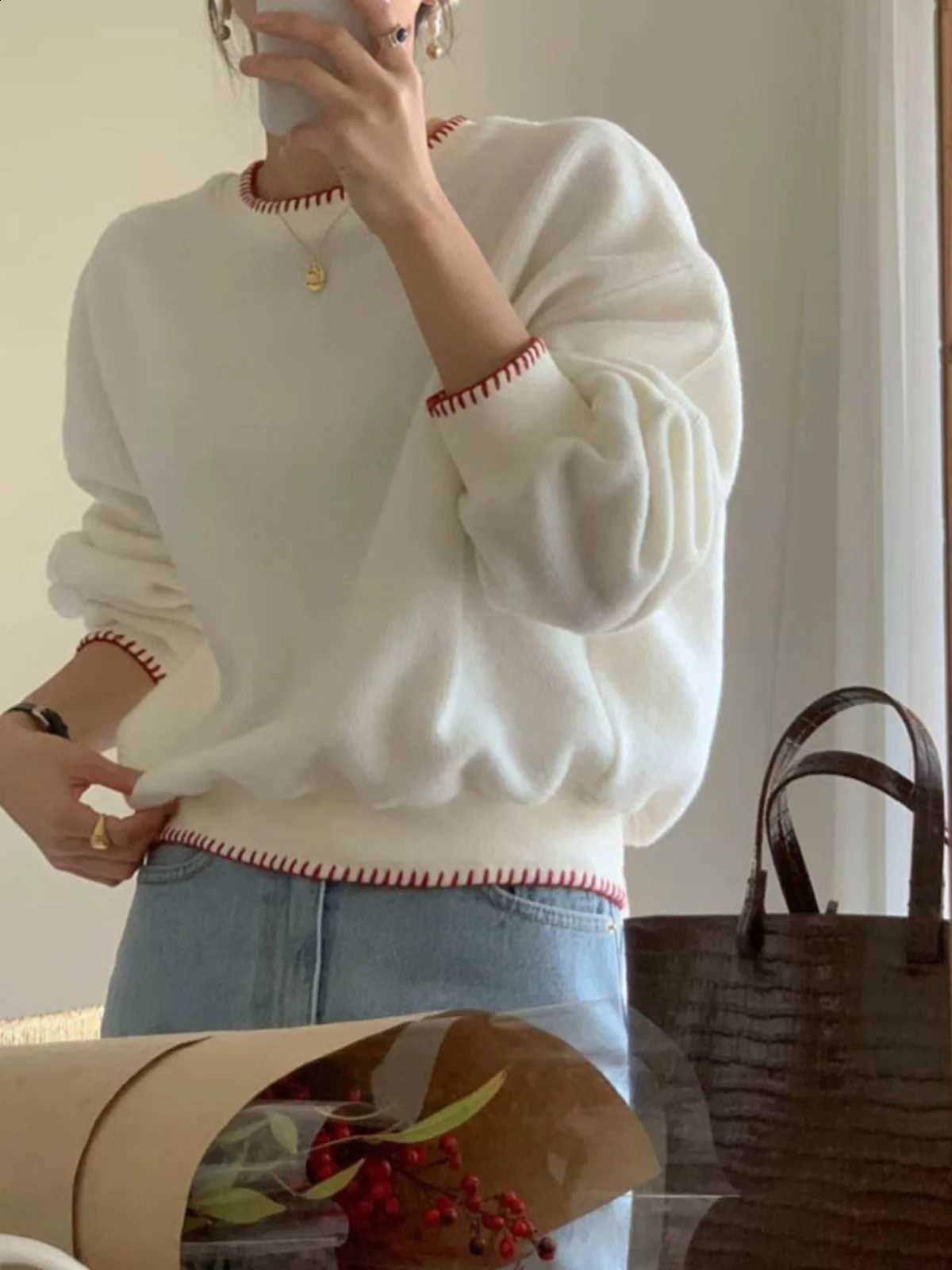 Short White Korean Style Sweatshirt Women's Spring Autumn Loose Simple Slim round Neck Long Sleeve Base Top Trendy J260916
