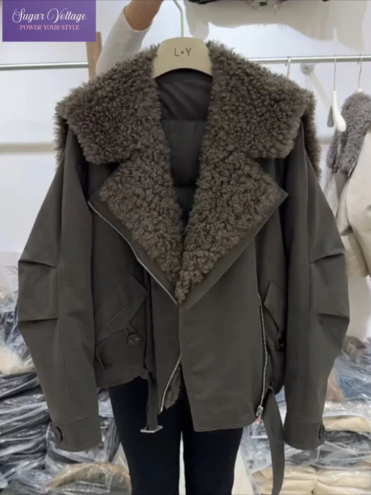 Winter Fashion Faux Fur Collar Padded Jacket Women Army Green Oversized Warm Thick Coat Drawstring Waist Streetwear Chic Tops260917