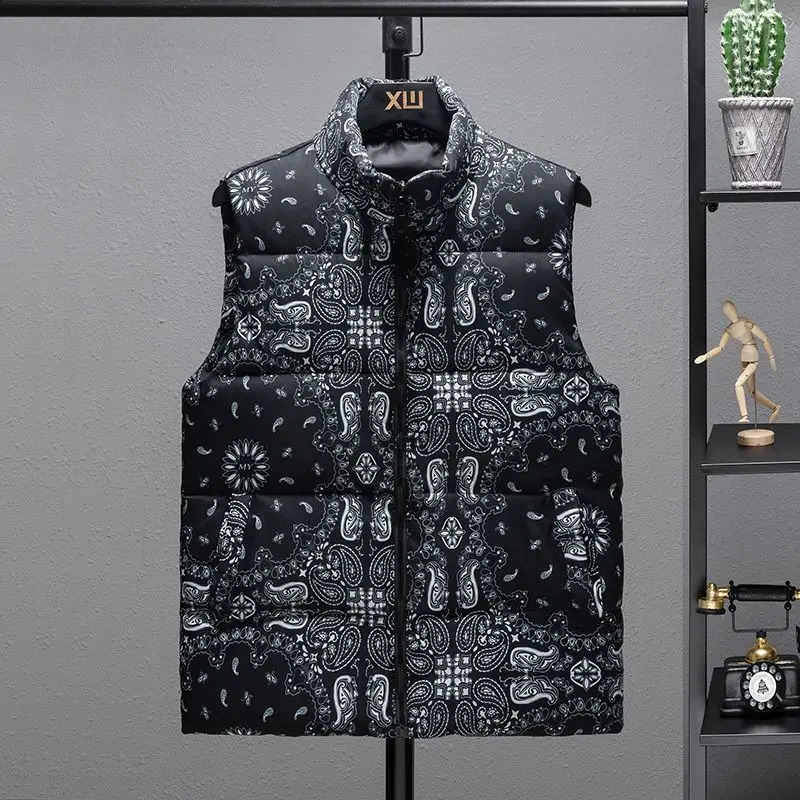 Men's Thermal Insulated Stand Collar Vest with Cashew Flower Print Thickened Down Jacket for Winter Warmth 260916