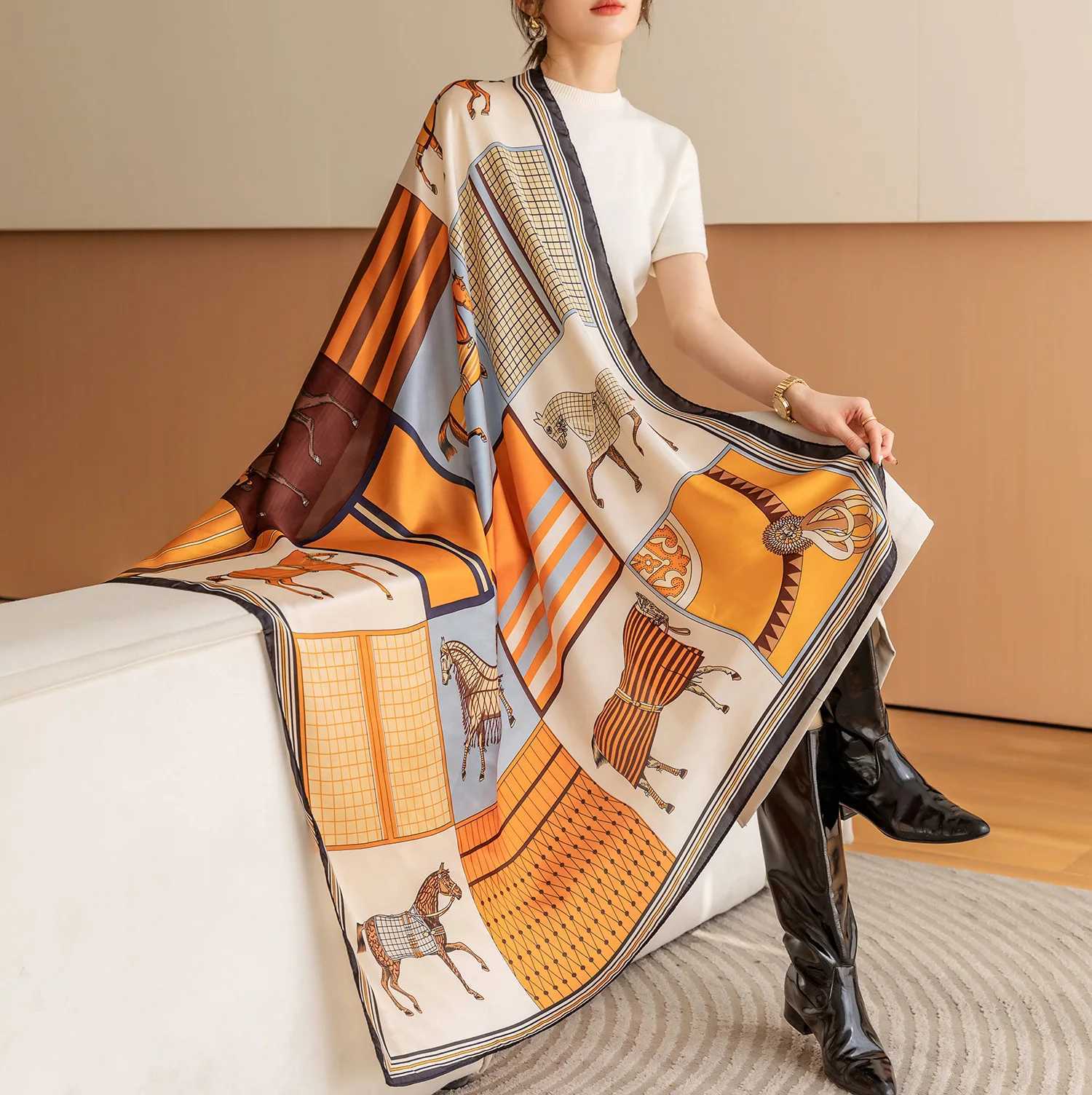 Luxury Horse Print Square Scarf Vintage Imitation Silk Shawl Scarf Women Windproof Outdoor Head Wrap 110*110cm Z260917