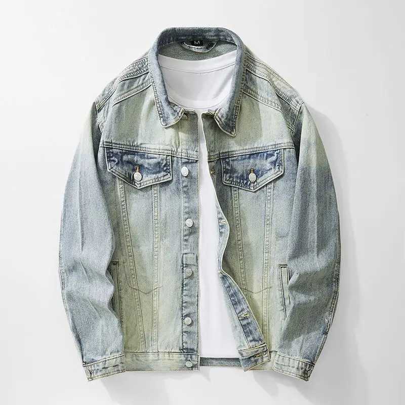 Stylish Retro Men's Denim Jacket High Strt Vintage Crock Lapel Jacket Spring Autumn Loose Casual Tops S26091702L0