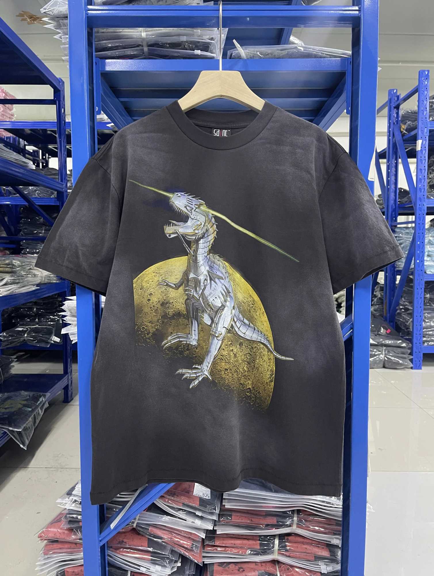 Summer 2025s New High-quality Vintage Short-sleeved T-shirts For men Saint Metal Dinosaur Print Oversize Tops Heavyweight Tops X260916