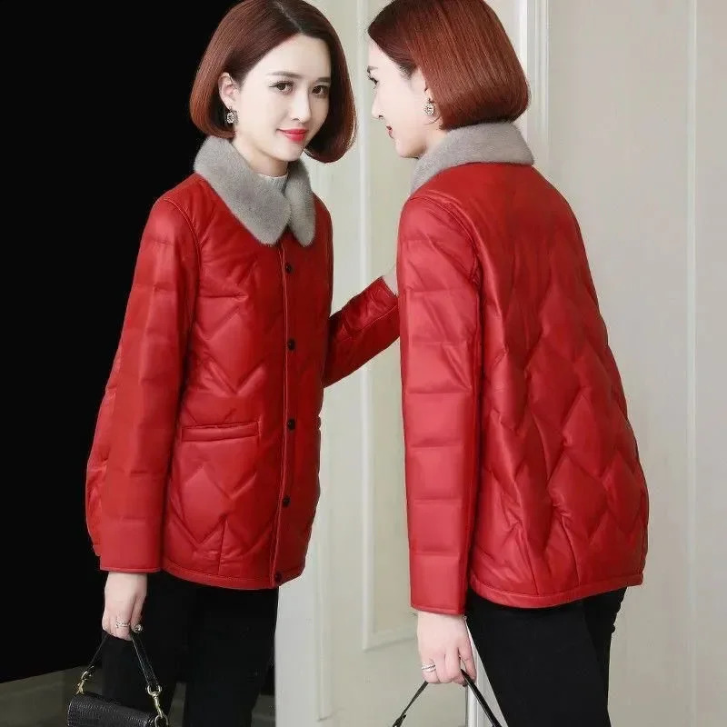 Women Faux Leather Puffer Coat Autumn Winter Mink Fur Collar Short Warm Quilted Jacket Casual Outerwear 260916