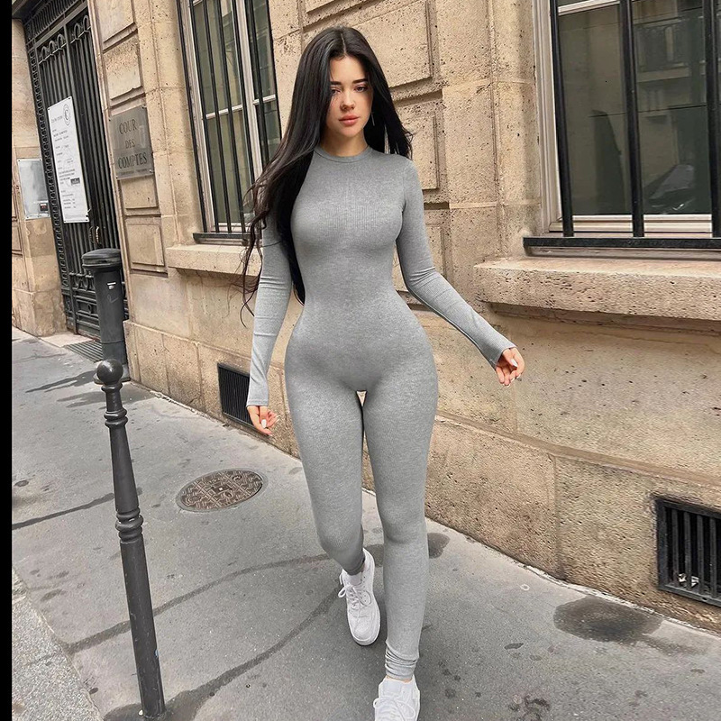 cross-border women's stretchy knit round-neck basic long-sleeve jumpsuit, fashionable athletic and fitness one-piece long pants 2d