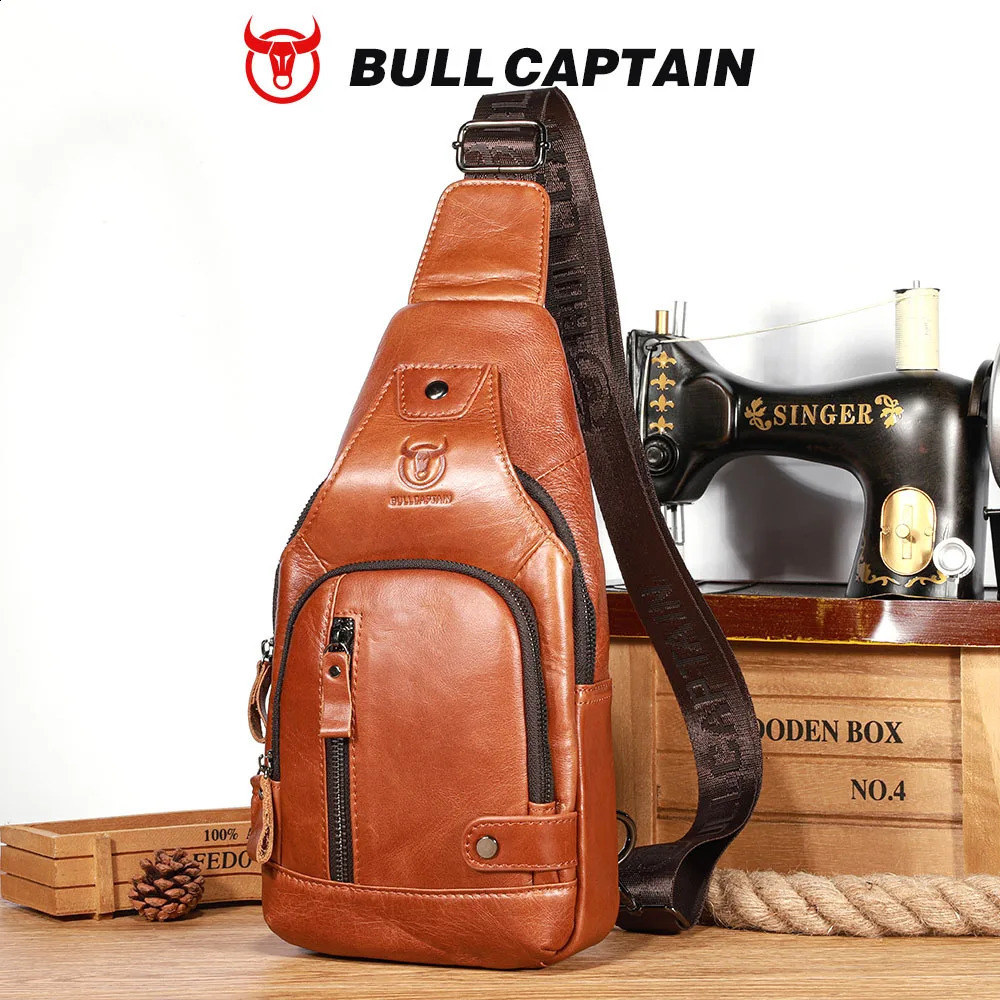 Bullcaptain Men's Usb Chest Bag 100% Genuine Leather Crossbody Shoulder Bags Multifunction Travel Outdoor Messenger Pack Fashion 260916