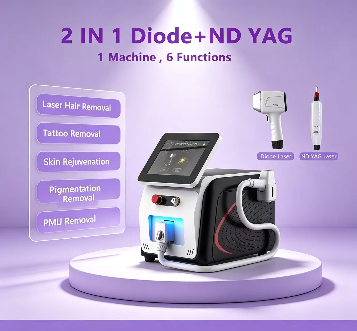 Hot Sale 2 IN 1 Diode ND YAG Laser Beauty Machine 6 Treatments Hair Remover Tattoo Pigment PMU Removal Carbon Peeling