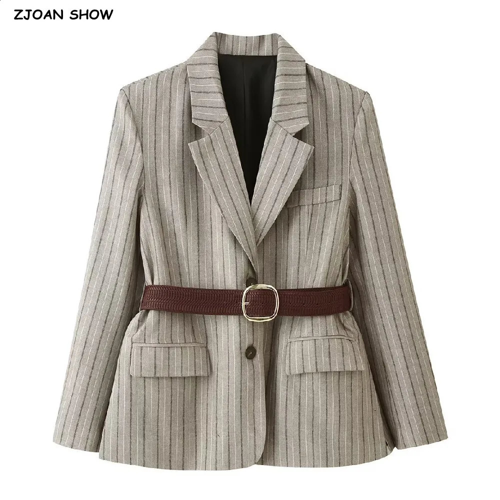 2026 Autumn Women's With Blet Vertical Stripes Print Blazer Boyfriend Vintage Women Front Pockets Loose Suit Fashion Coat 260915