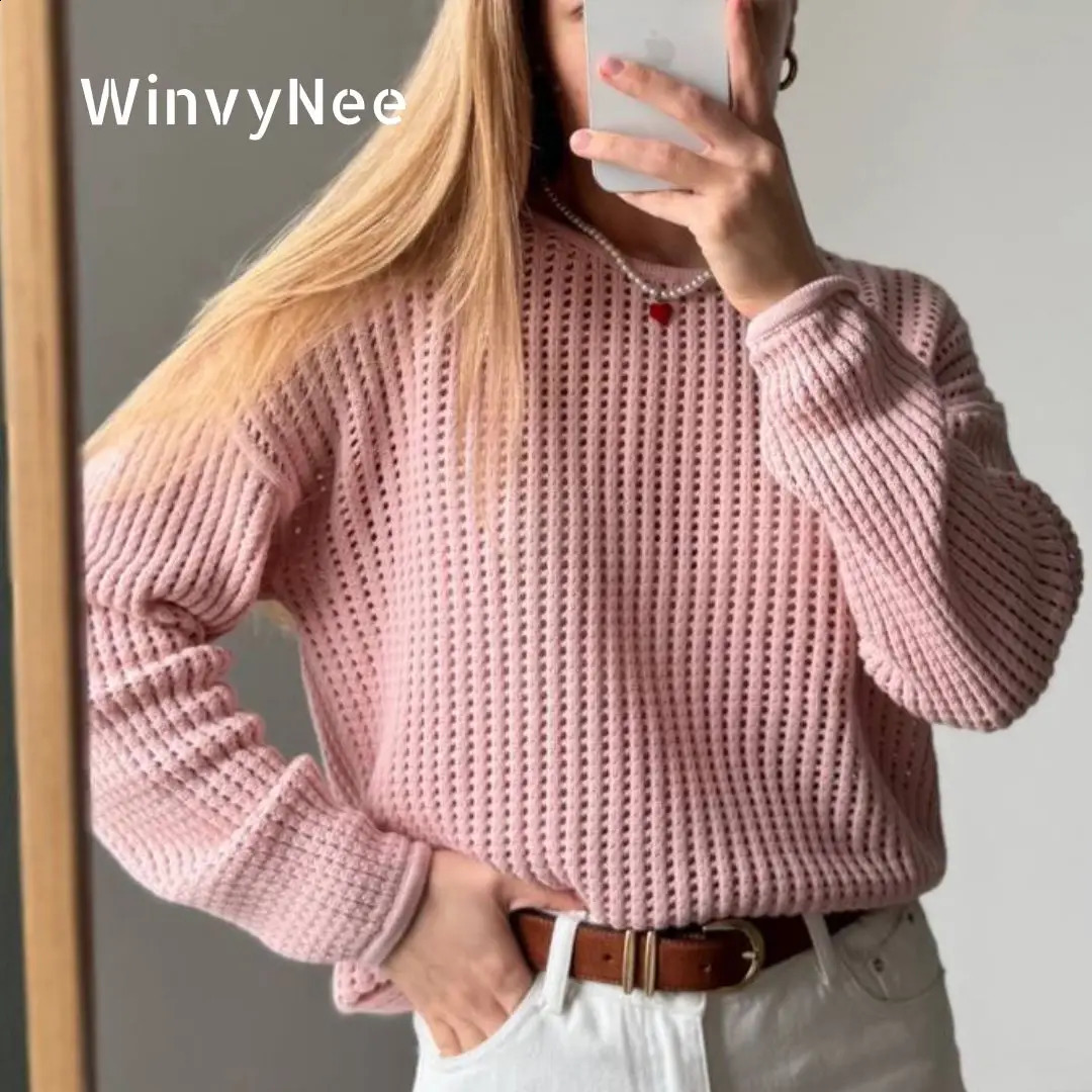 WinvyNee Spring Women Pure Cotton Pullover Sweaters Round O Neck Long Sleeve Solid Color Hollow Out Casual Knitwear ZA1092001 260916