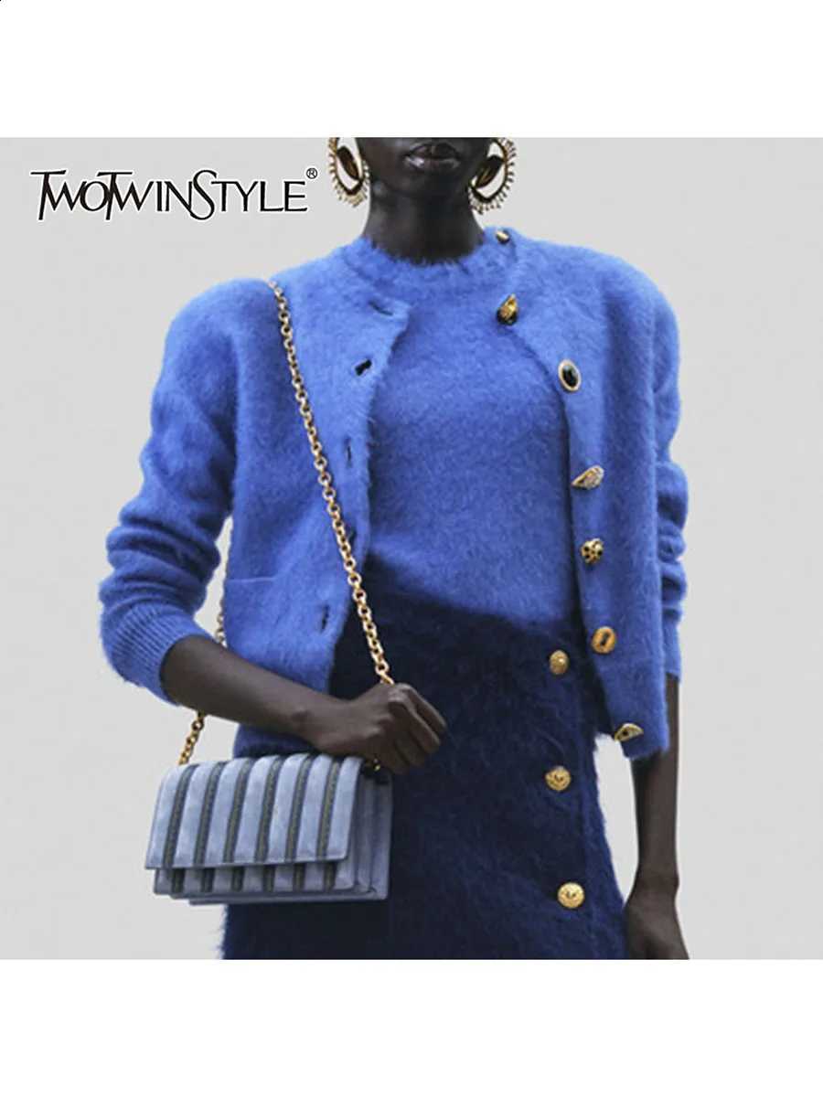 Single TWOTWINSTYLE Solid Spliced Breasted Fashion Cardigans for Women Round Neck Long Sleeves Patchwork Pockets Cardigan Female J260916