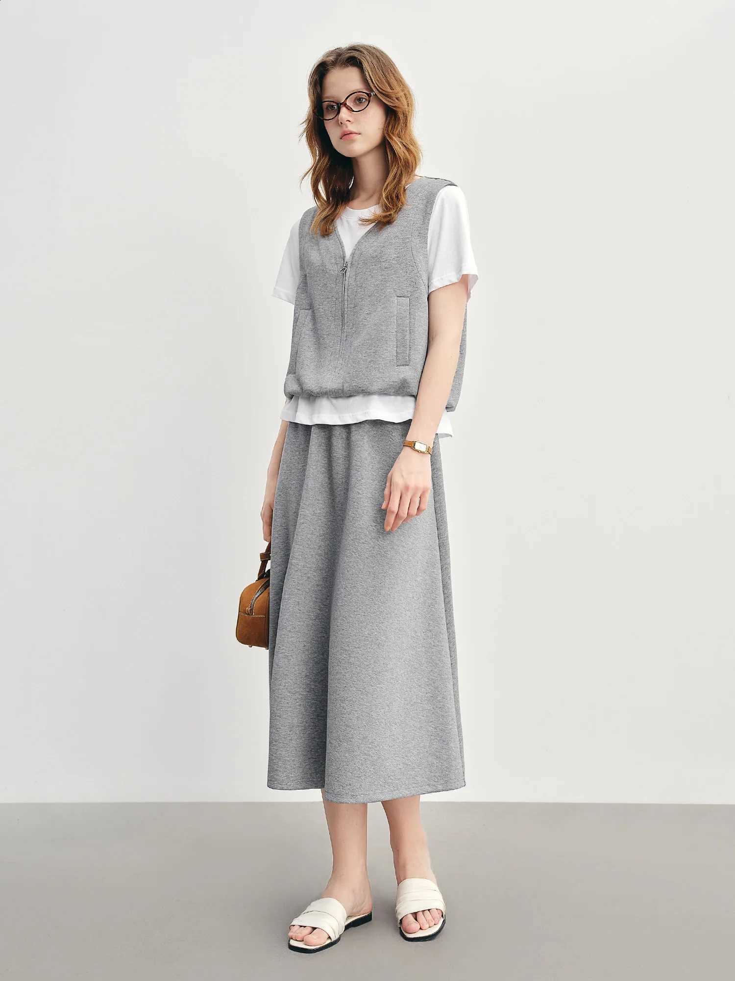 Fake Two-piece Short-sleeved Skirt DUSHU Suit 2025 New Gray Simple Top Skirt Two-piece Suit Ins Korean Style 25DS88030+25DS88031W260915