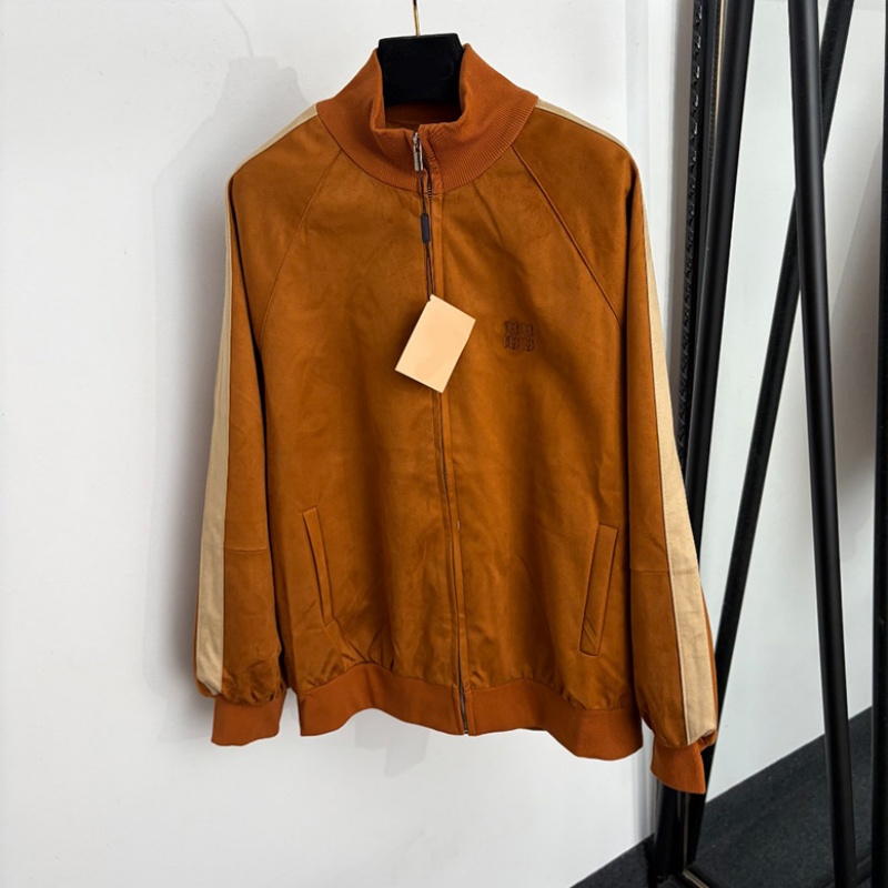 Designer Faux Suede Track Jacket Women Vintage Color Block Stand Collar Outerwear Brand Letter Embroidery Long Sleeve Coat
