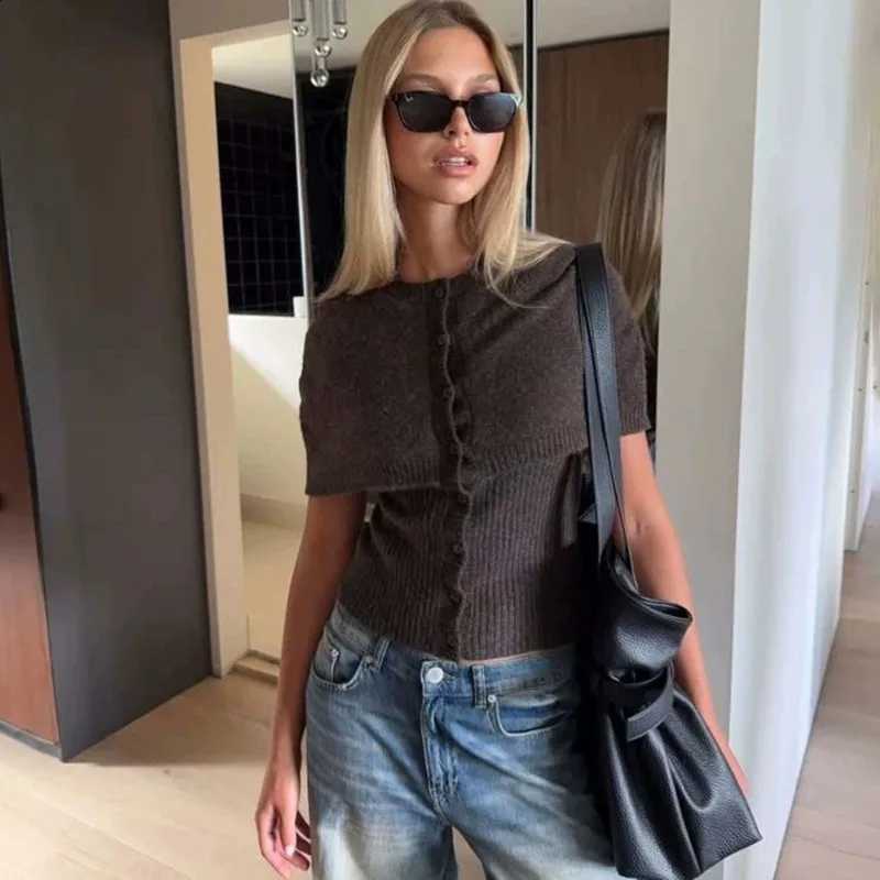 Women's Fashion Cardigan Tuularose Vintage Brown Ribbed Patchwork Cardigan Casual Commute New Streetwear Autumn Women's Sweater J260916