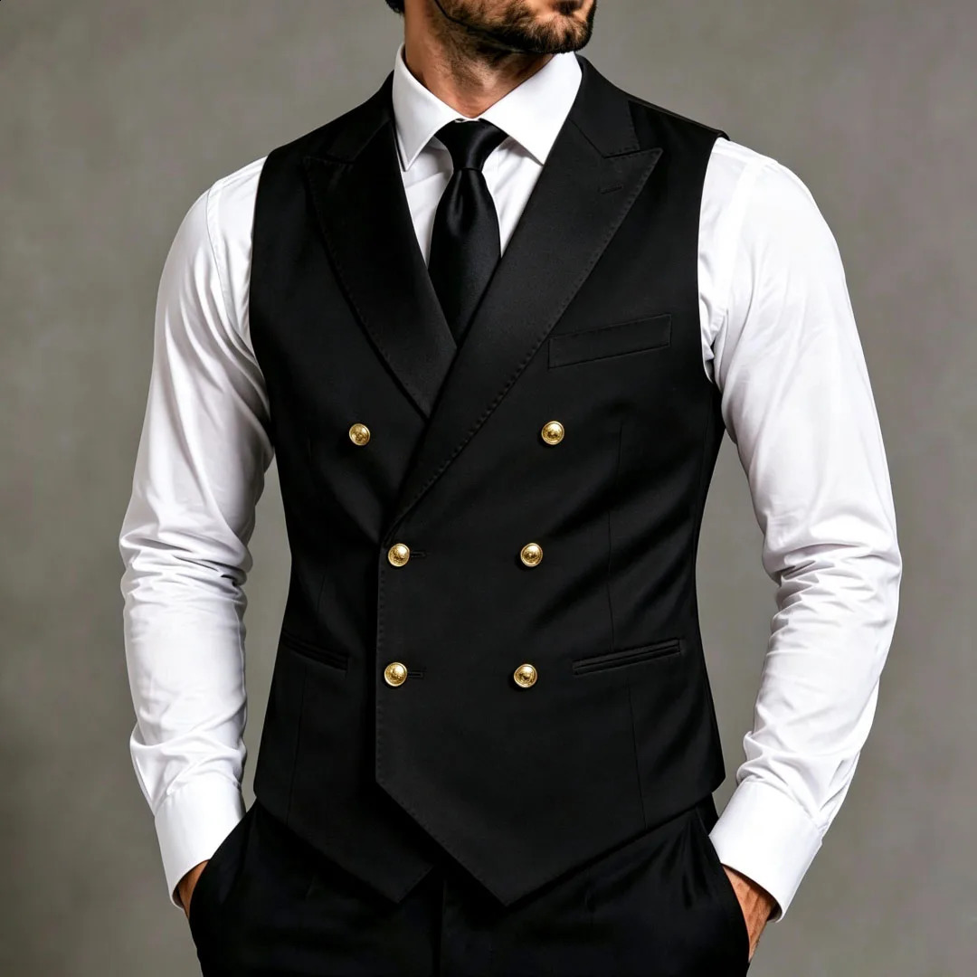 Men Vest Black Gold Button Double Breasted Lapel Waistcoat For Wedding Banquet Business Work Office Casual Daily Suit 260917