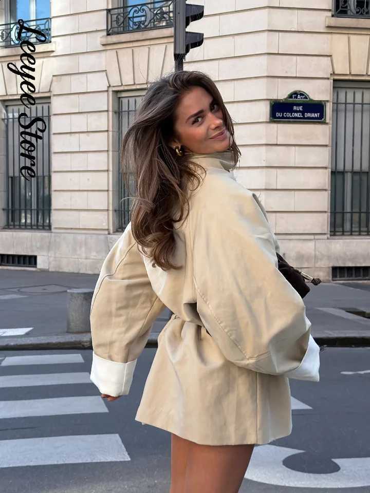 Stand Trench Coat Women Short Collar Belted Waist Loose Oversized Beige Spring Autumn Street Style Fashion Casual Outerwear Coat D2609091