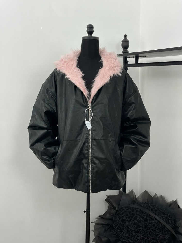 Faux 2026 Gothic Fur Pink Trim Y2K Streetwear Women's Oversized PU Leather Hooded Winter Parka Coat Warm Casual Outerwear New H260917