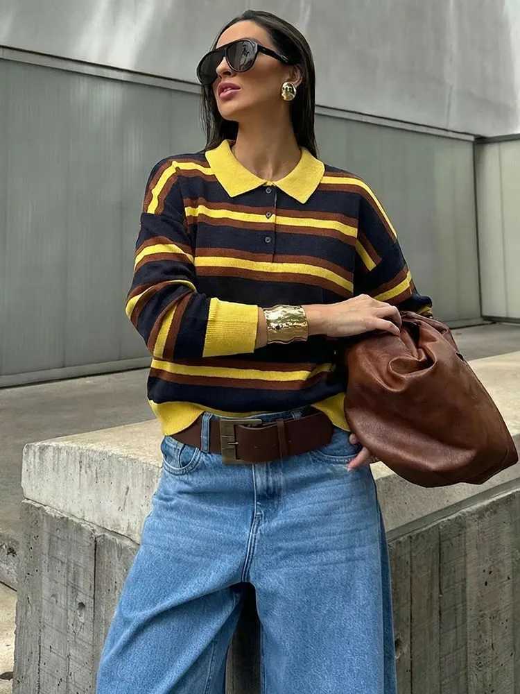 HH Women Trend Casual Striped Knitted Pullover Sweater Lapel Long Slve Sweater Shirt Spring Fashion High Strt Lady Chic Tops S260917UXCH
