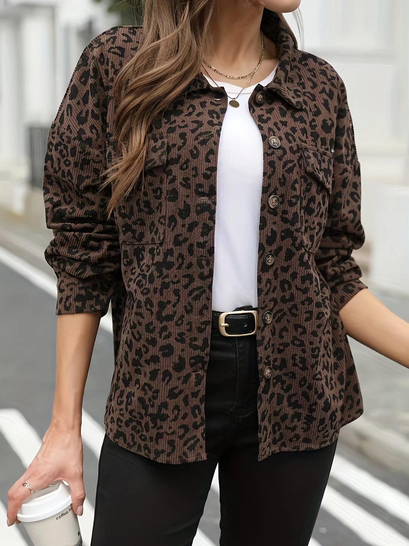 Womens Leopard Print Corduroy Casual Jacket Fashionable LooseFit Womens Coat 260917
