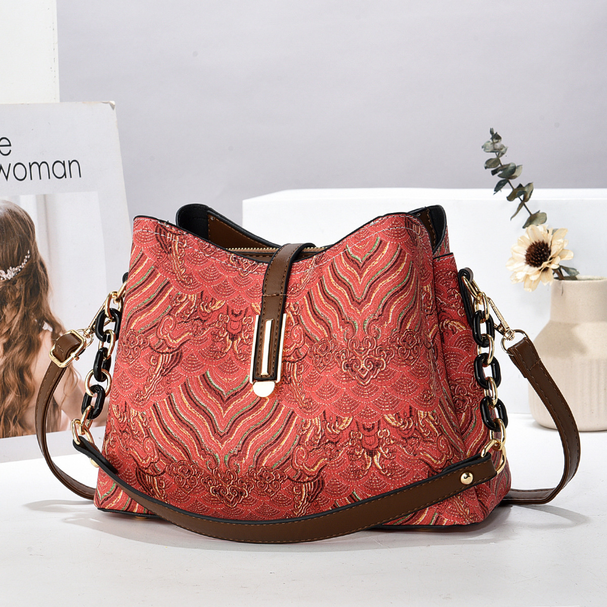 New Stylish Versatile Bucket Bag With Embroidery Print, Chinese-Style Handbag, Shoulder And Crossbody Bag, Textured Small Handbag TB BHULAMTE