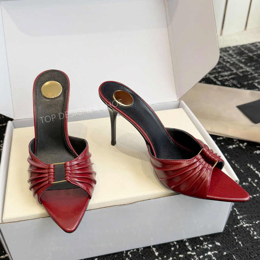 Top quality real Leather mules High heels sandals open toes Pointed toes Beach Slippers Slides Luxury designer heels party Evening shoes womens purp