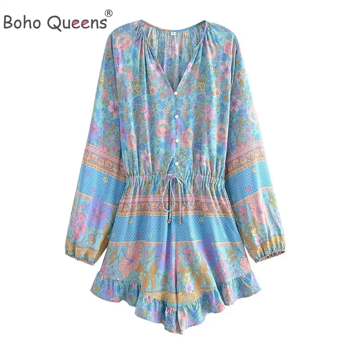 Boho Queens Women Floral Print Sashes Playsuits Ladies Tie V Neck Long Sleeve Tassel Rayon Beach Jumpsuits Bodysuit 260917