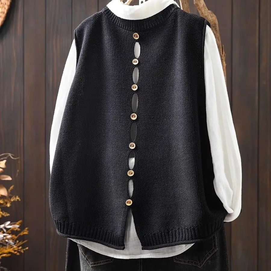 Back Button Cotton Thread Knitted Vest Women's Loose Large Version Autumn Casual Versatile Sleeveless Sweater 260916