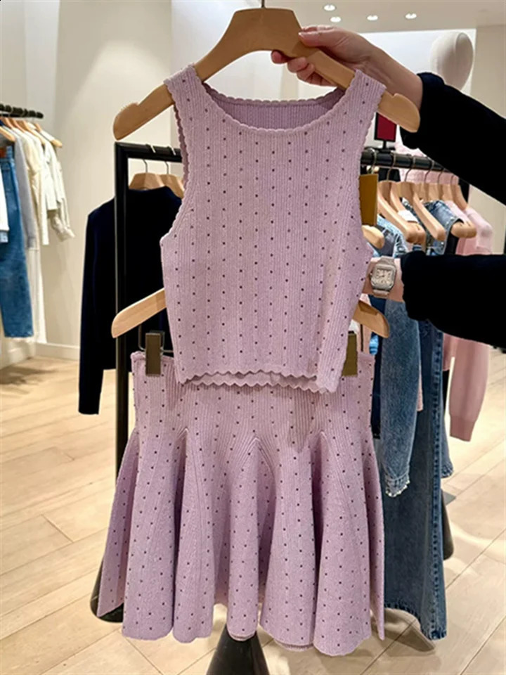 French Beaded Decoration Women's Purple Knitwear Sweet Knitted Sweater Vest Sleeveless Tank Top or Ruffle Mini Skirt for Femlale 260916