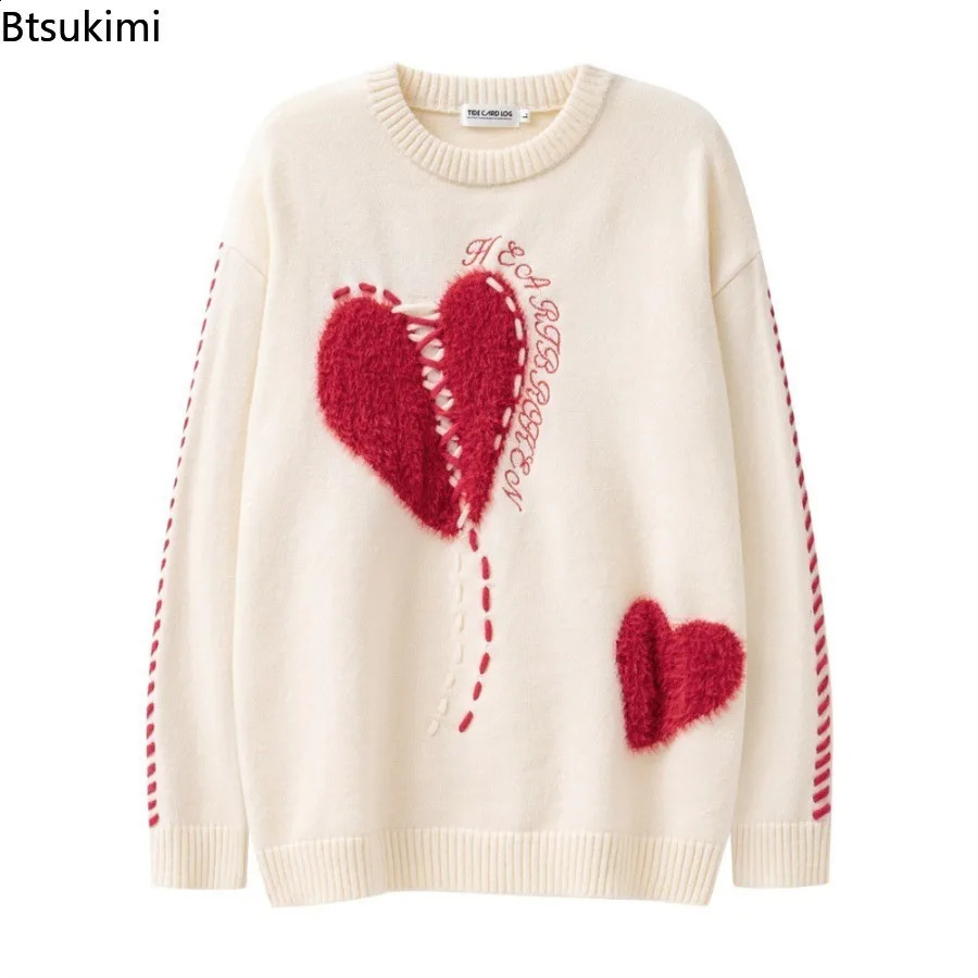 Men's Plucked Woolen Heart Oversized Round Neck Knitted Sweaters Love Tie Long Sleeve Regular Length Casual Hip Hop Outerwear 260917