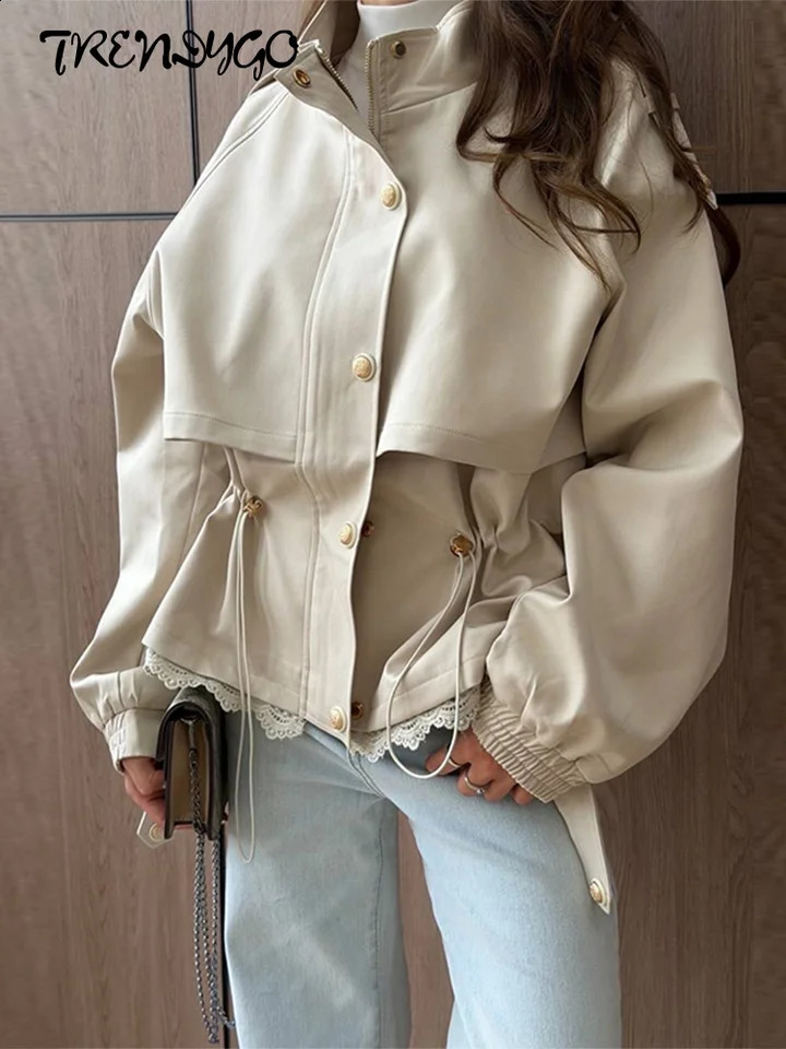 Women's Jackets Lace Patchwork Drawstring Waist Coats Spring Autumn Female Stand Collar Epaulet Long Sleeves Slim Outerwears 260917