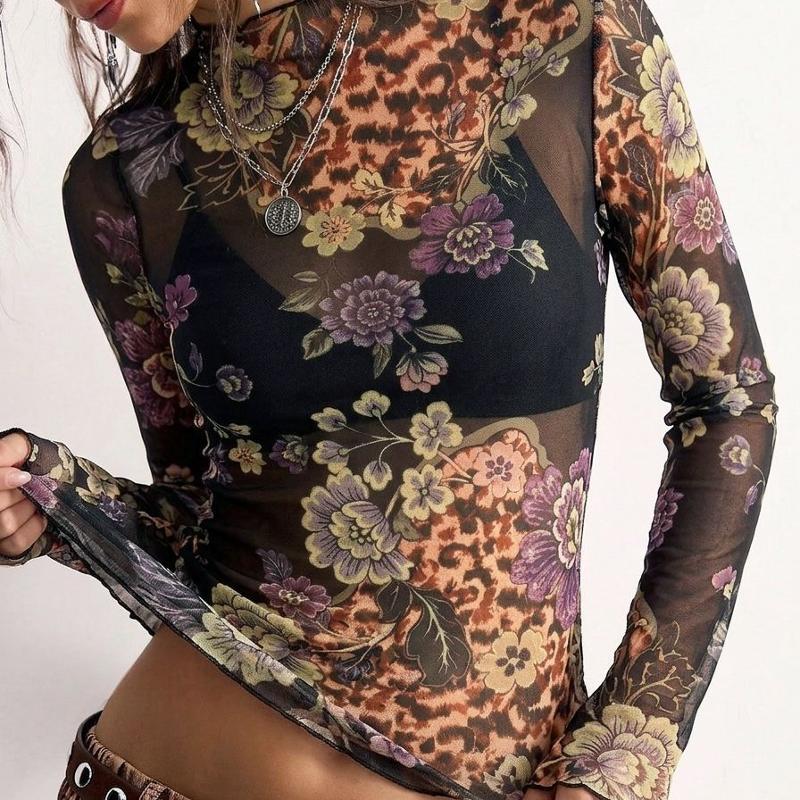 T-shirt à manches longues en maille imprimé Floral pour femmes, coupe cintrée, rétro, Vintage, col à volants, Sexy, Y2K, Streetwear, haut de soir