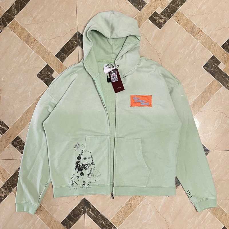 26SS Mint Green Washed Paly ZipUp Hoodies Cropped Oversized Ripped MultiPatch Distressed OpenFront Hooded Sweatshirts X260916