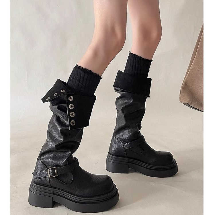 Women's Boots Platform Motorcycle Strap Thick-soled Boots Feamle New Black PU Leather Western Knight Botas Mujer D260917