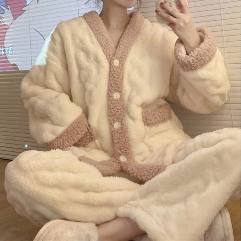 Coral Fleece Pajamas Women Autumn and Winter Thickened Fleece-lined Graceful Couple Online Celebri Home Wear Set 260916