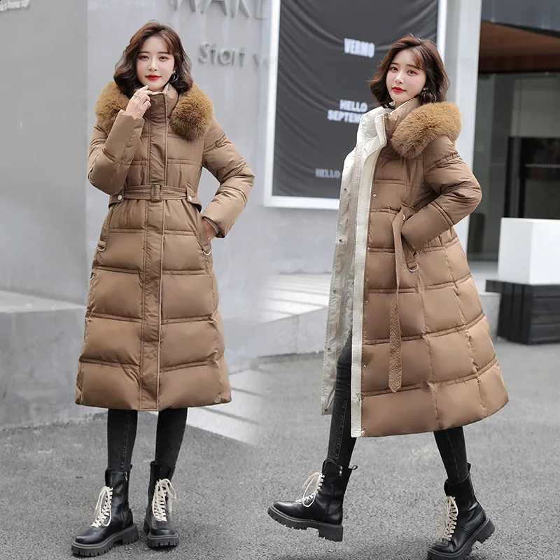 Winter New Down Cotton 2025 Parkas Jacket Women X-Long Over The Knee Big Hair Collar Korean Version Slimming Belt Parkas Jacket H2609171