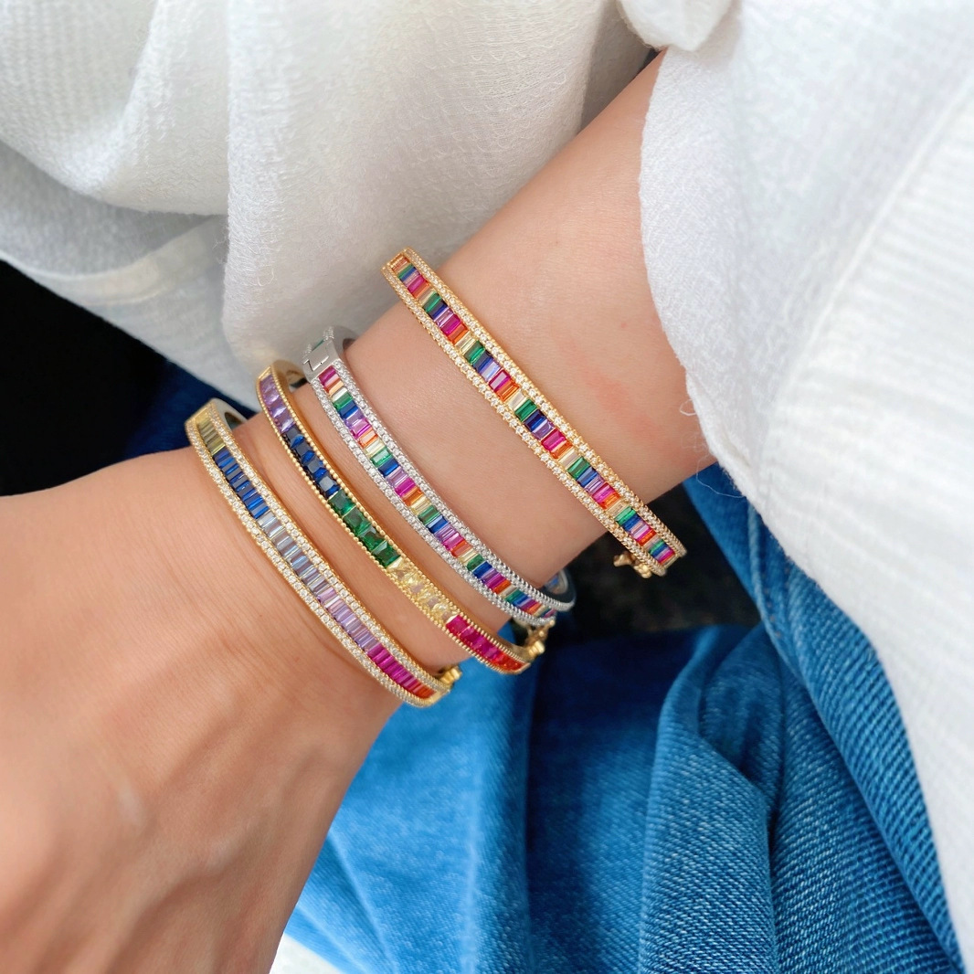 Luxurious Designer Hip-hop Multicolored Bracelet, Copper-plated 18K, Niche Luxury Minimalist Square Zirconia, Personalized Trendy Accessory