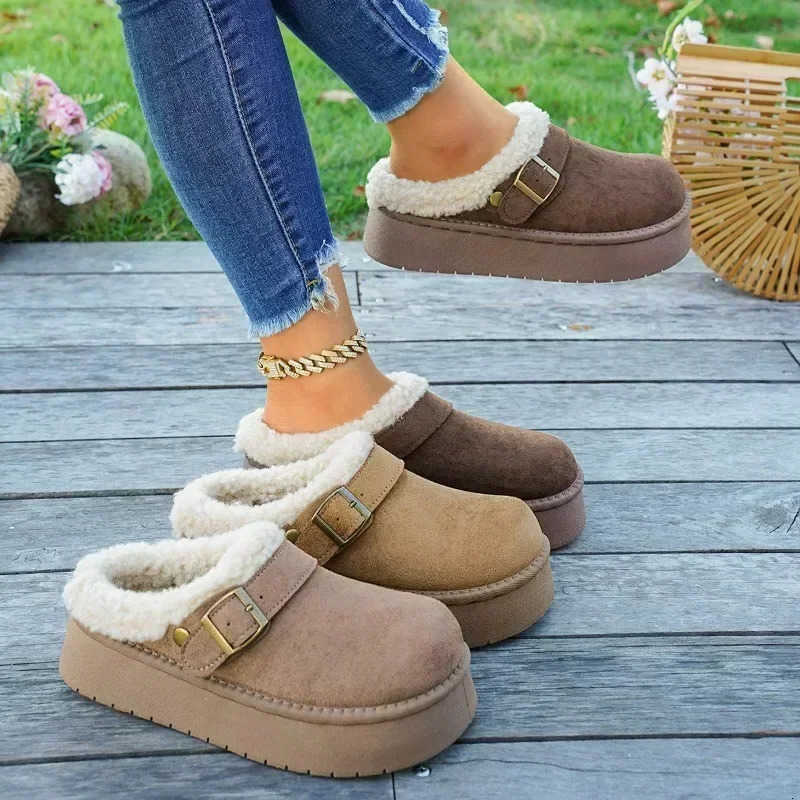 Women Backless Platform Mule Snow Boots Metal Decor Anti Slip Sole Warm Winter Slip D260917