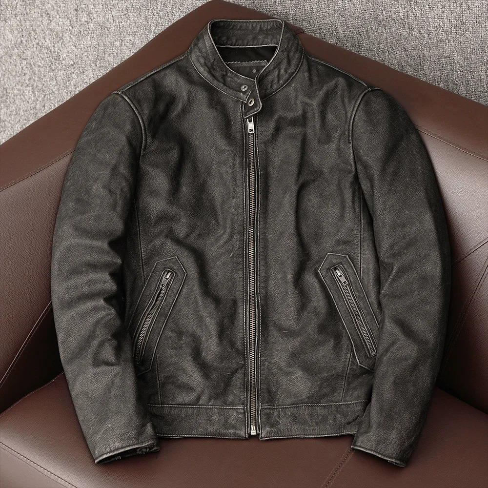 Classic Casual Style Cowhide Jacket Mens 100 Genuine Leather Cothes Vintage Quality Biker Coat Male 260917