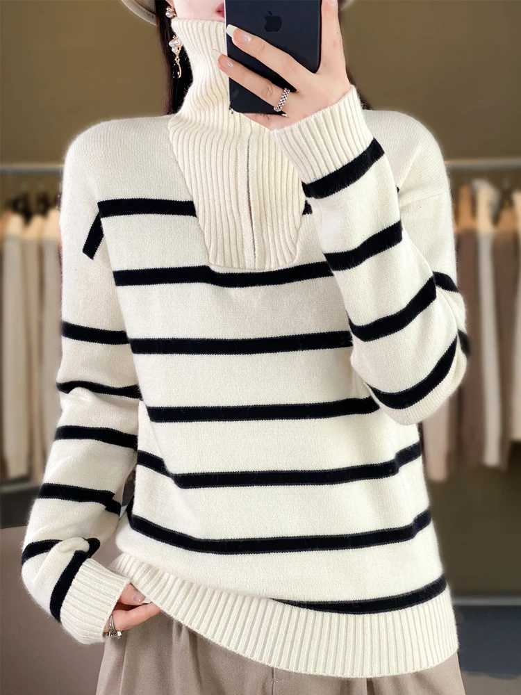 Autumn Winter Tick Warm Women Merino Wool Sweater Half Zip Pullover Striped Lapel Loose Knit Sweater Casual Daily Top S260917ABLB