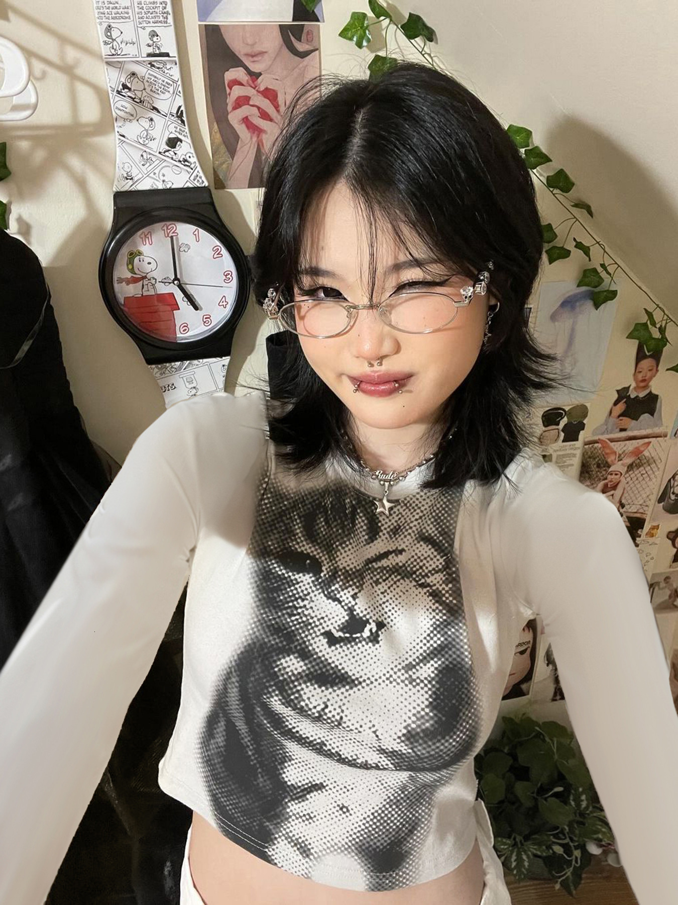 American-style spicy girl cute cat print color-block T-shirt, simple basic casual round-neck short-sleeve top 10