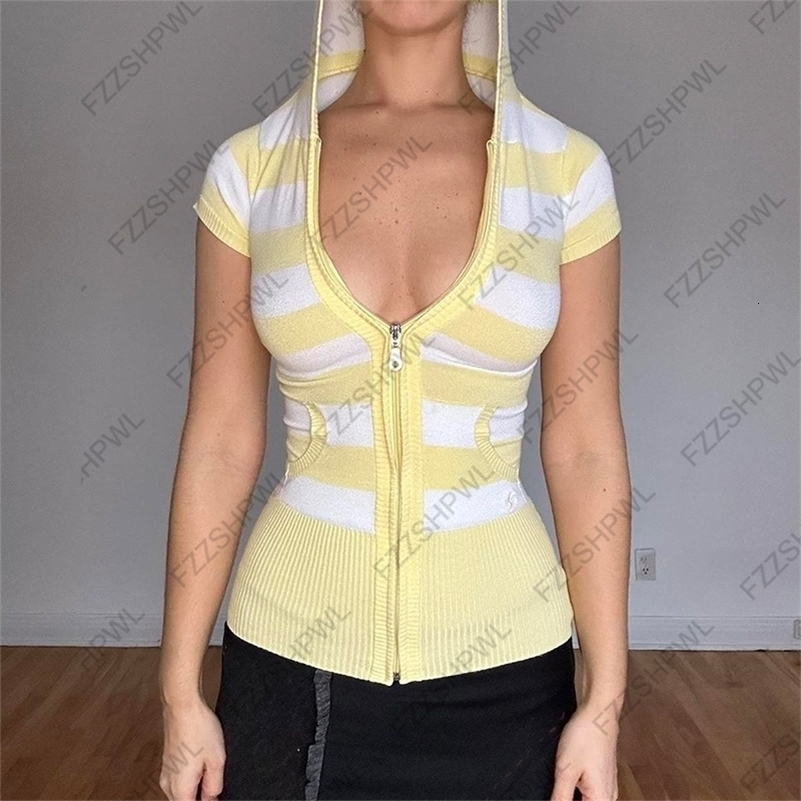 Harajuku Womens Tshirt Aesthetically Stylish Chic Striped Casual Slim Fit Sexy Retro American Style Hooded ShortSleeve Tops 260916