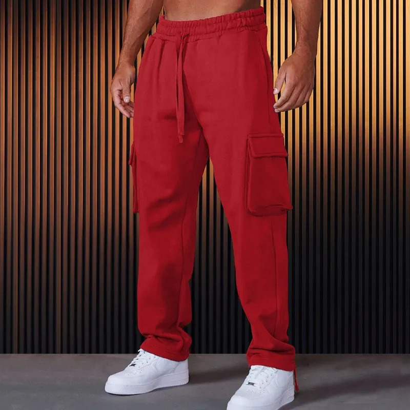 Men Cargo Pants Solid Drawstring Ankle Length Straight Pant Pockets Loose Fit Spliced Patchwork High Street Spring 260917