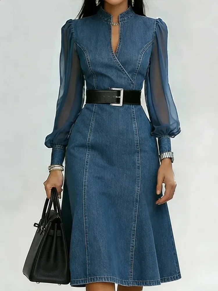 Streetwear Denim ALine Dress Summer Women Tulle Puff Long Sleeve See Through V Neck Maxi Dresses Vintage Jean With Belt 260917