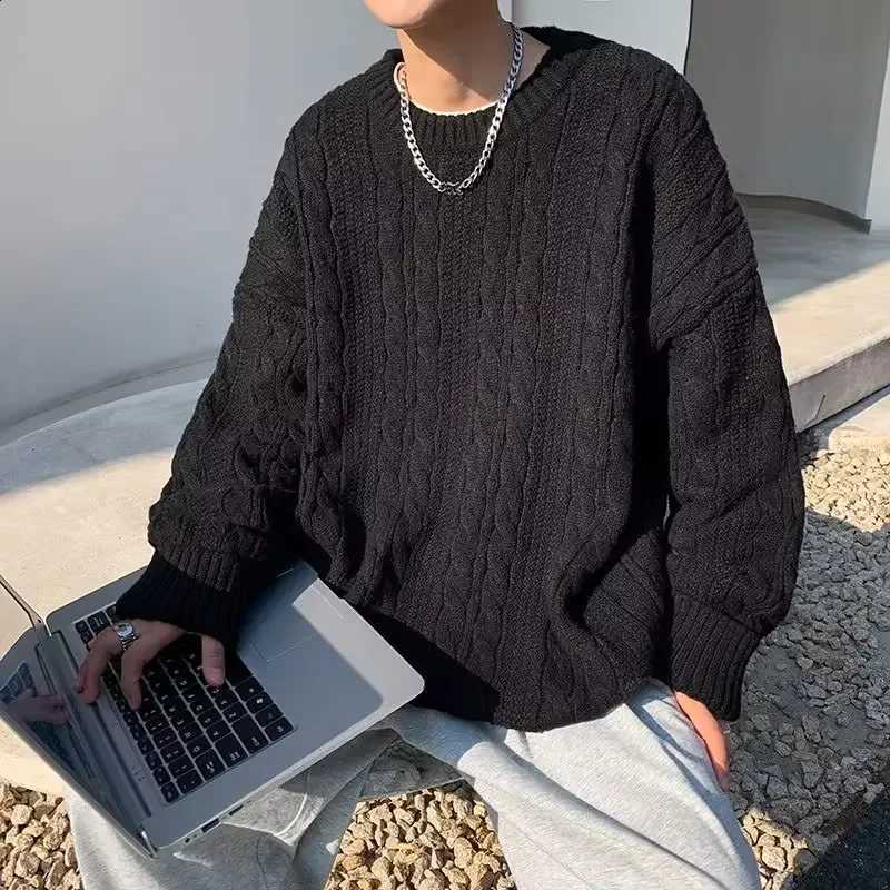 Thickened O-neck Pullover Sweater Winter Men's Japanese Retro Lazy Loose Versatile Casual Fried Dough Twists Knit Sweater Men J260916