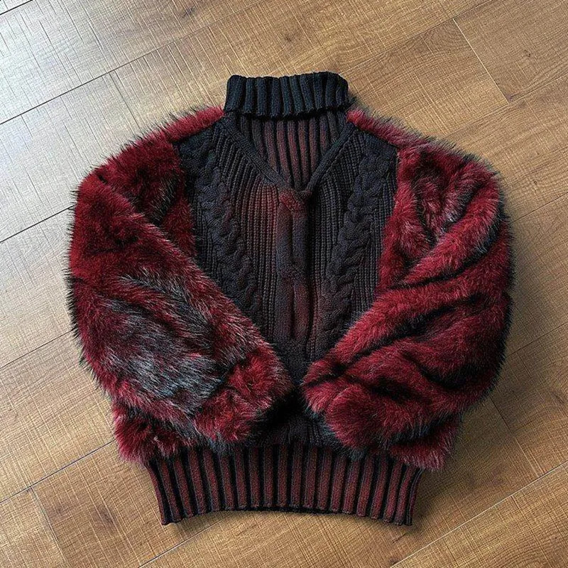 Winter Thicken Warm Spliced Fur Sweater Man Woman Vintage Oversized Cable-kint Furry Turtleneck Pullover Red Black 260916