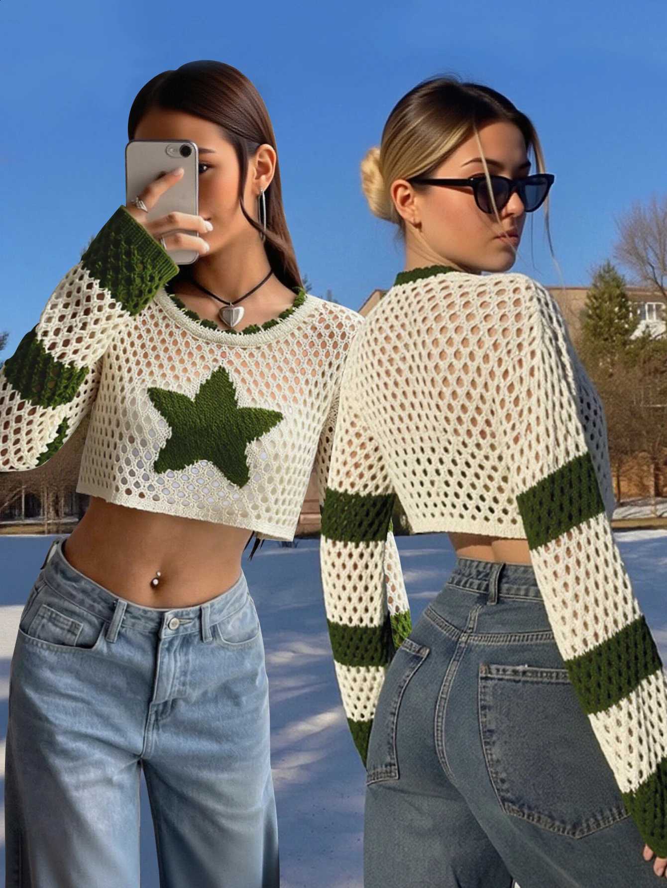 Women's 2026 New Y2K Crop Tops Star Hollow Out Knitted Sweater Long Sleeve Color Block Casual Women's Clothing J260916