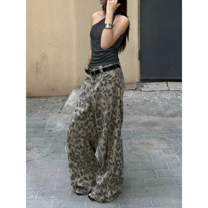 Y2k Washed Leopard Jeans Women Summer Animal Print American Vintage Wide Leg Denim Pants Baggy Streetwear Gyaru Trousers 260917