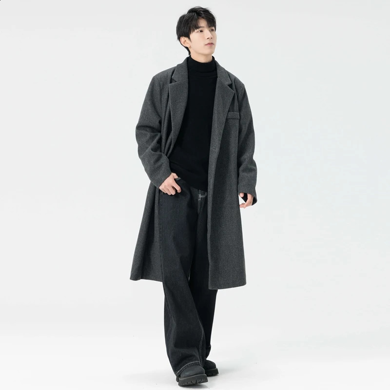 Autumn Winter Business Casual Fashion One Breasted Long Woolen Trench England Style Wool Blends Coat Men's Woolen Windbreaker 260916