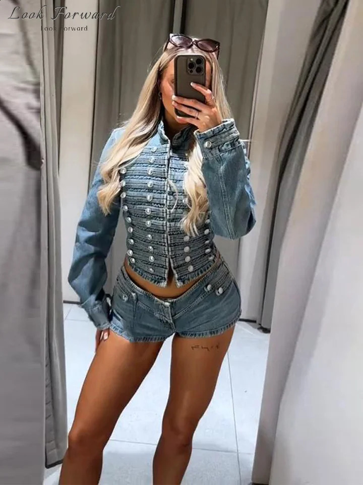 Fashion Rivet Denim Shorts Suits Women Slim Full Sleeve Waist-cinching Coat Straight Short 2026 Ladies Spring Summer Outwear 260917