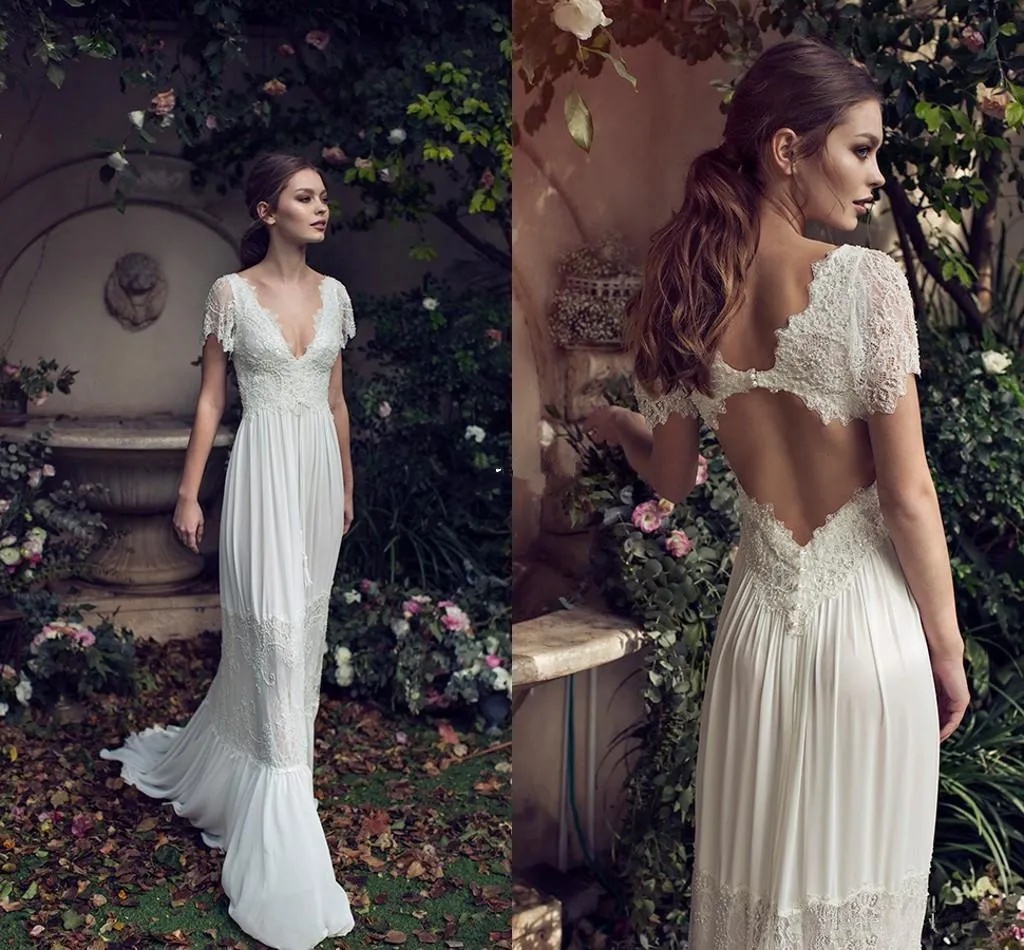 New Sexy A Line Wedding Dresses Bohemian Short Sleeves Boho Deep V Neck Lace Appliques Crystal Beads Floor Length Chiffon Country Bridal Gowns Open
