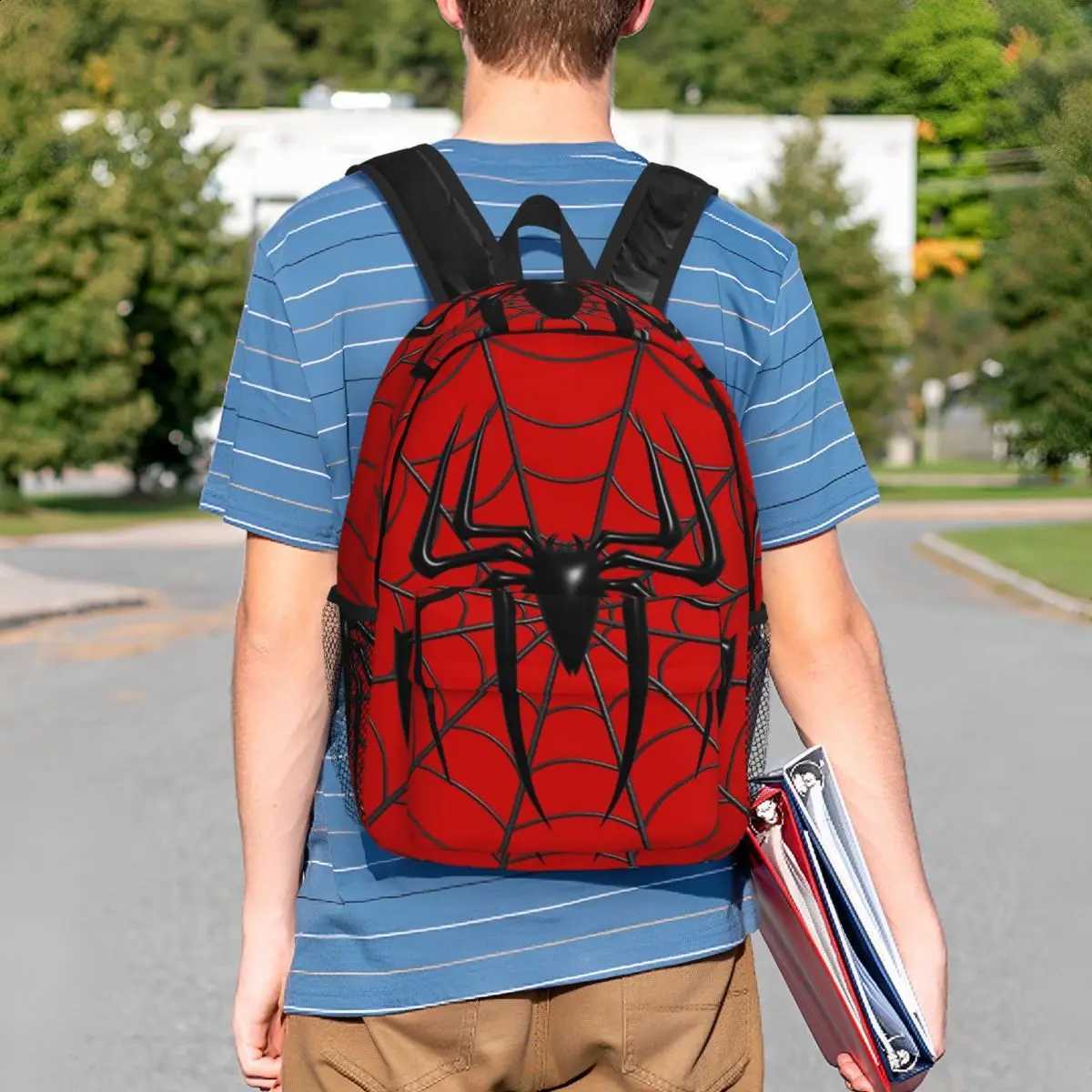Red Black Spider Web Print Backpack for Boys Cool Graphic School Bag Lightweight Casual Daypack for Teen Students N260917