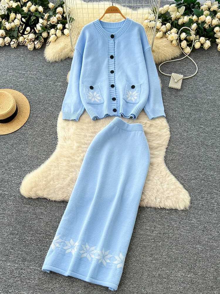 Two SINGREINY American Retro Sweater Pieces Sets 2025 Women Long Sleeves Loose Top+Long Warm Skirt Vintage Print Knitted SuitsW260915